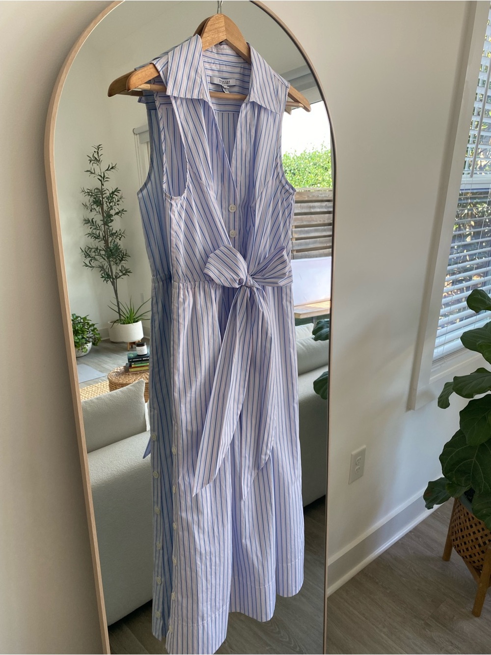 Derek Lam Blue and White Striped Tie-Waist Midi Dress